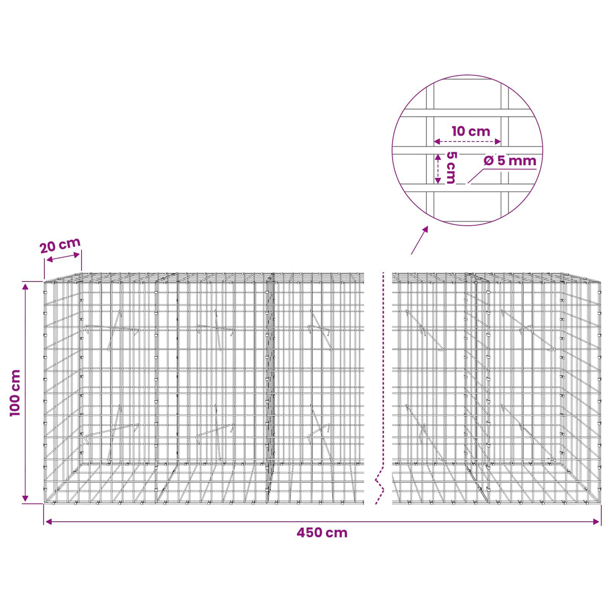 vidaXL Gabion z drutem 5 mm i siatką 5x10 cm 450x20x100 cm