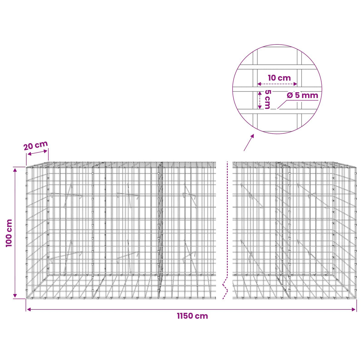 vidaXL Gabion z drutem 5 mm i siatką 5x10 cm 1150x20x100 cm