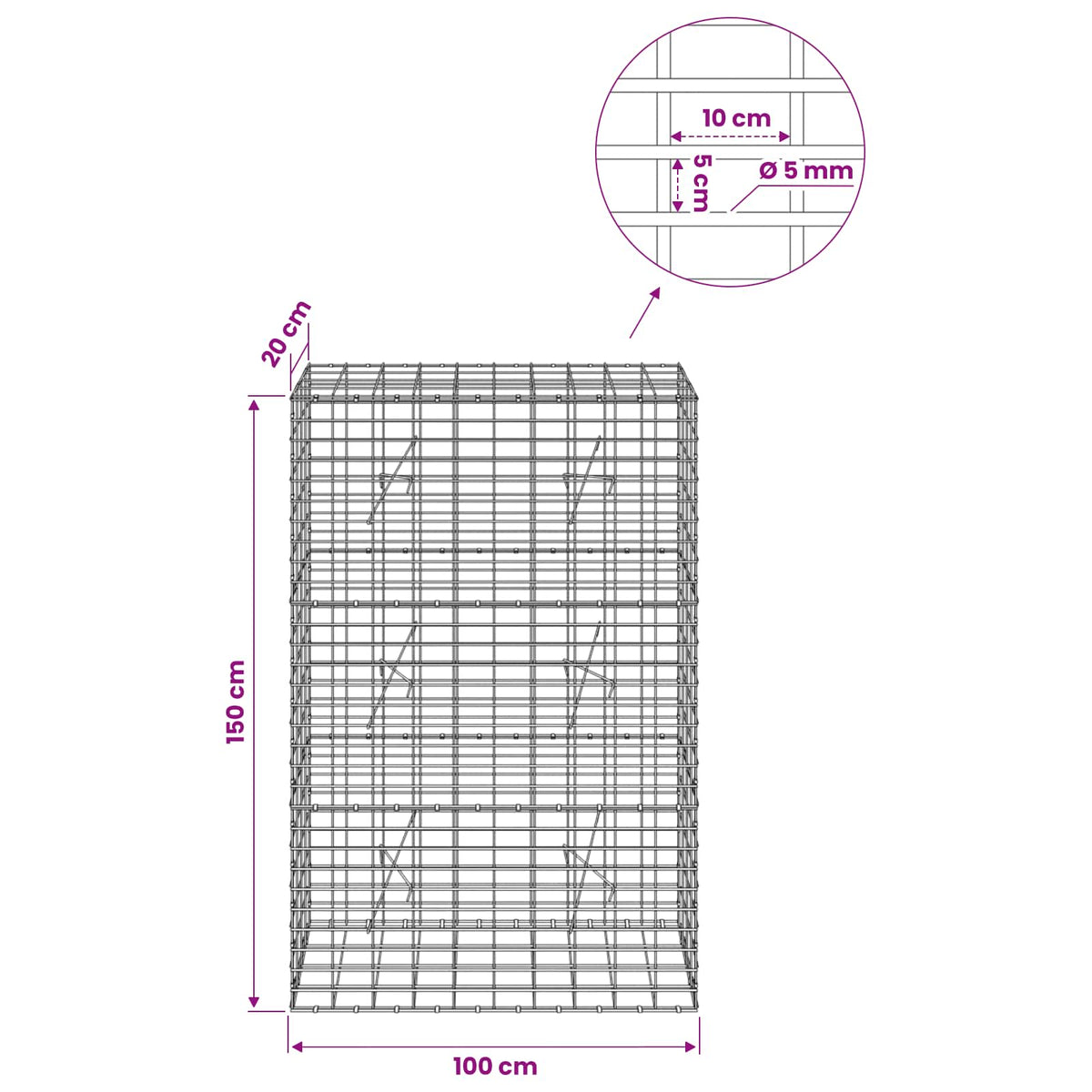 vidaXL Gabion z drutem 5 mm i siatką 5x10 cm 100x20x150 cm