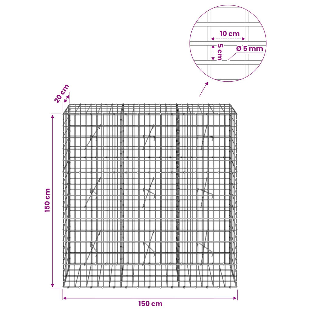 vidaXL Gabion z drutem 5 mm i siatką 5x10 cm 150x20x150 cm