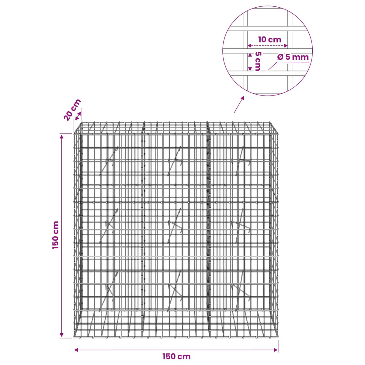 vidaXL Gabion z drutem 5 mm i siatką 5x10 cm 150x20x150 cm