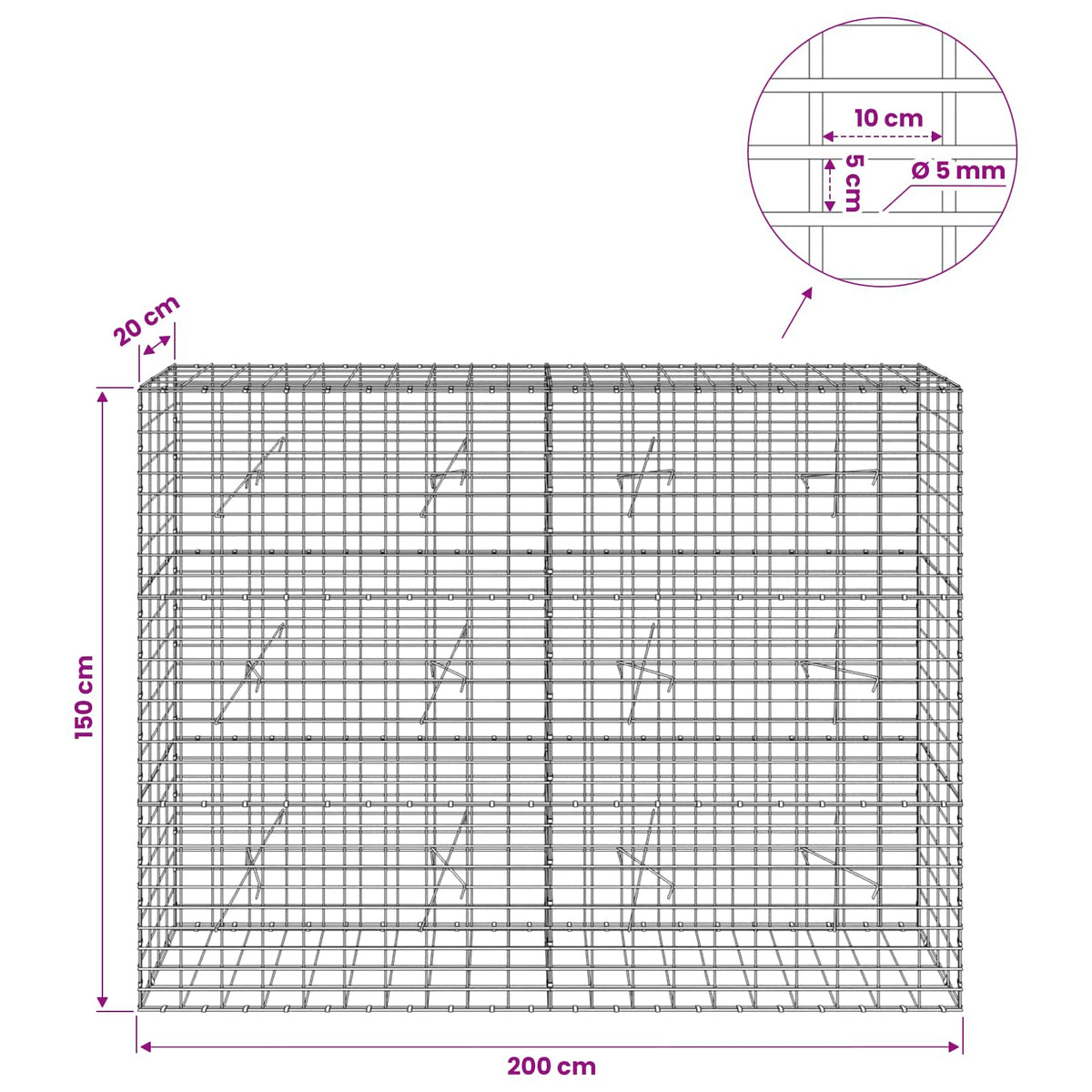 vidaXL Gabion z drutem 5 mm i siatką 5x10 cm 200x20x150 cm