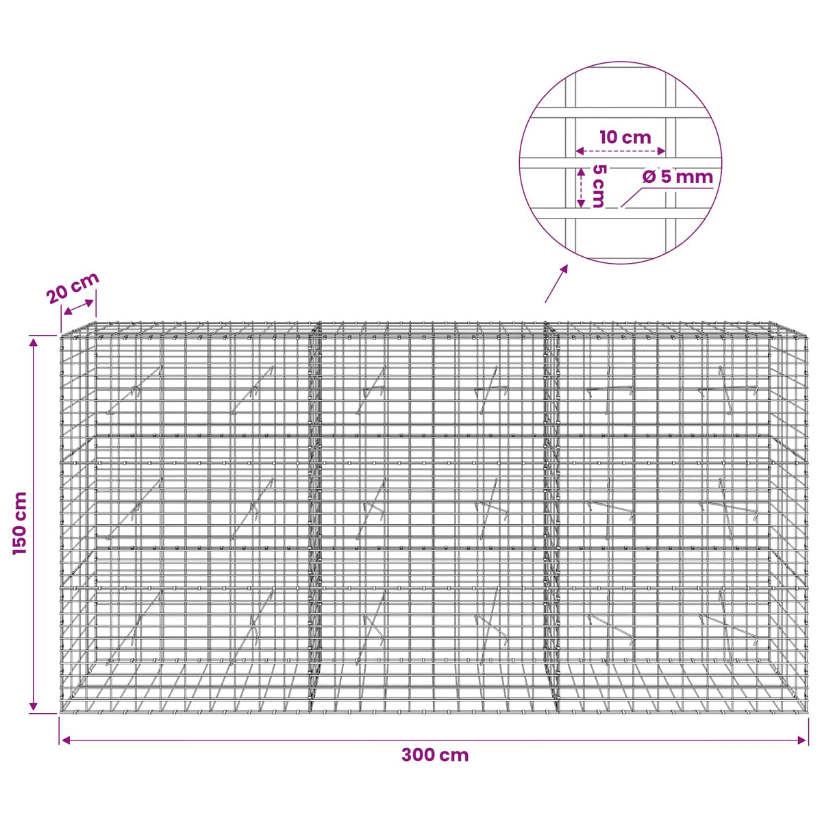 vidaXL Gabion z drutem 5 mm i siatką 5x10 cm 300x20x150 cm