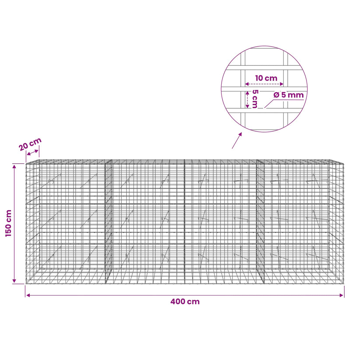 vidaXL Gabion z drutem 5 mm i siatką 5x10 cm 400x20x150 cm
