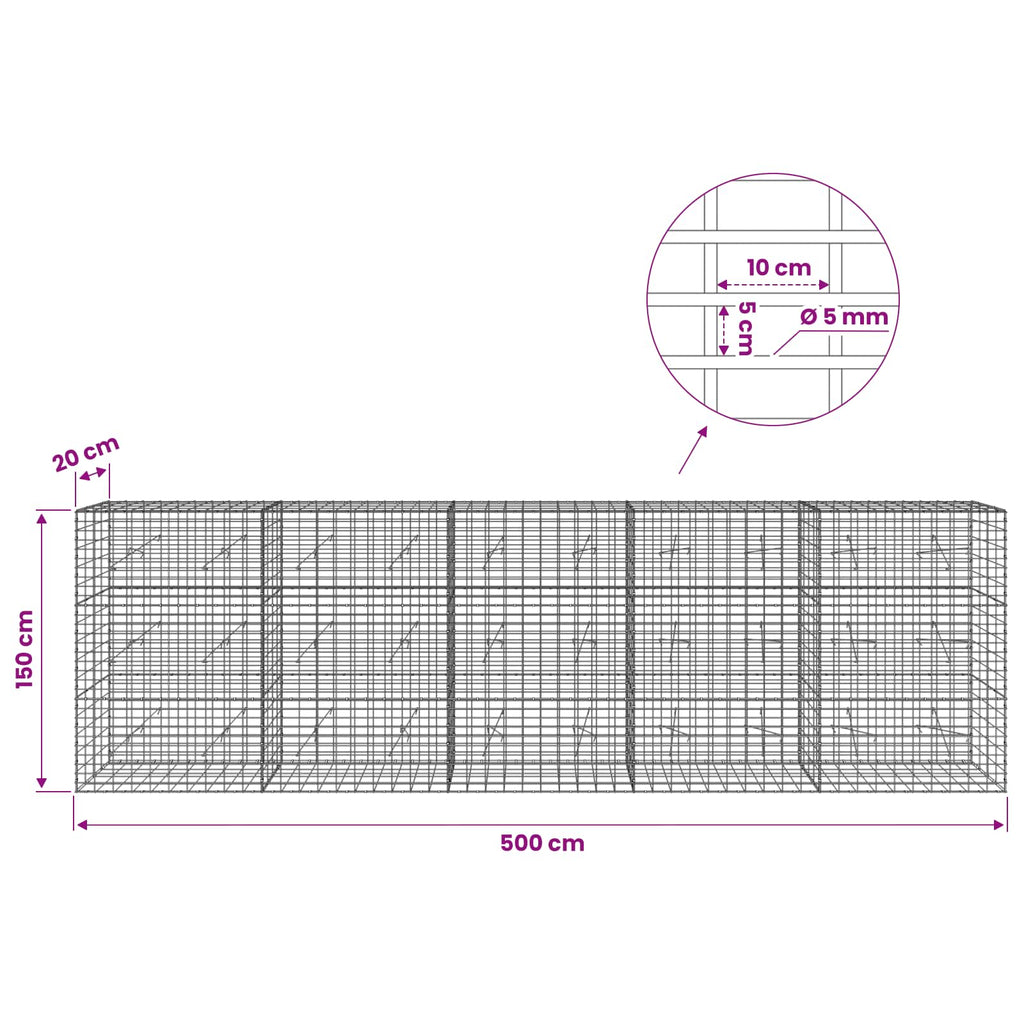 vidaXL Gabion z drutem 5 mm i siatką 5x10 cm 500x20x150 cm