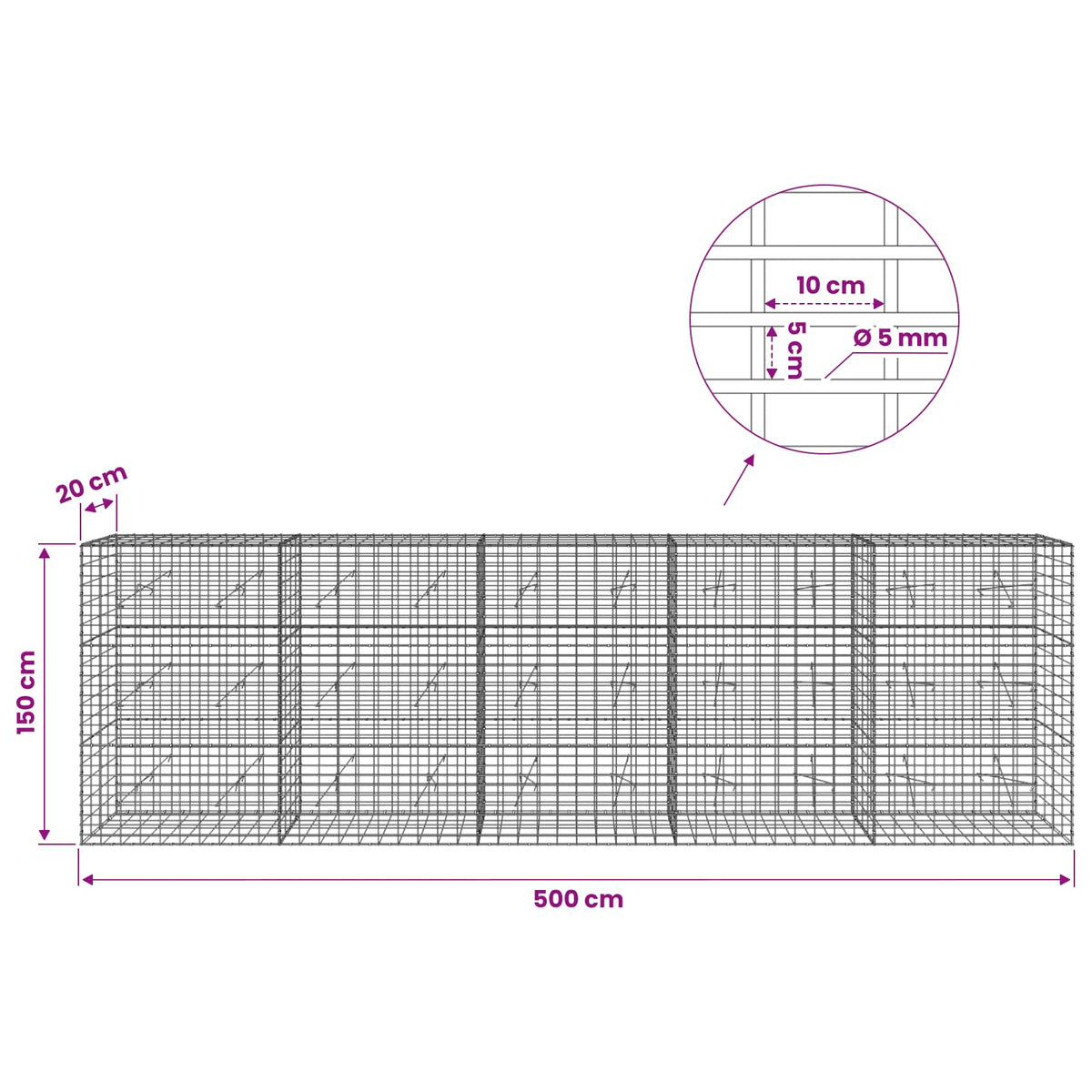 vidaXL Gabion z drutem 5 mm i siatką 5x10 cm 500x20x150 cm