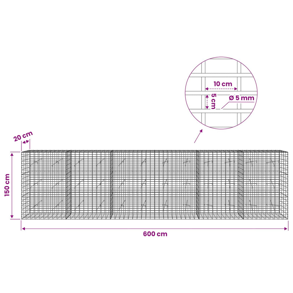 vidaXL Gabion z drutem 5 mm i siatką 5x10 cm 600x20x150 cm