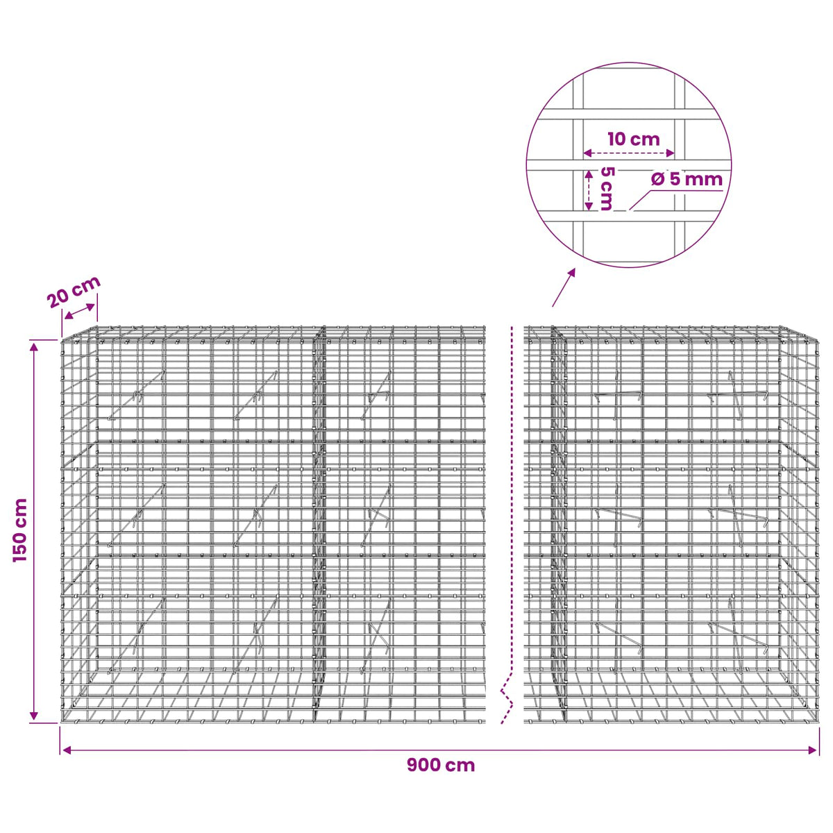 vidaXL Gabion z drutem 5 mm i siatką 5x10 cm 900x20x150 cm