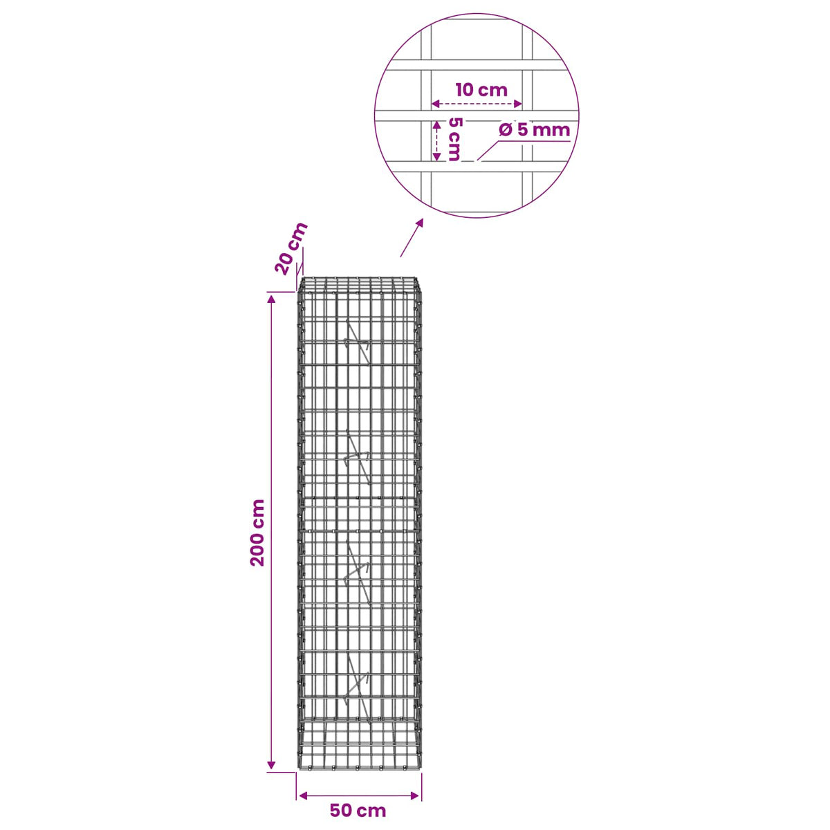 vidaXL Gabion z drutem 5 mm i siatką 5x10 cm 50x20x200 cm