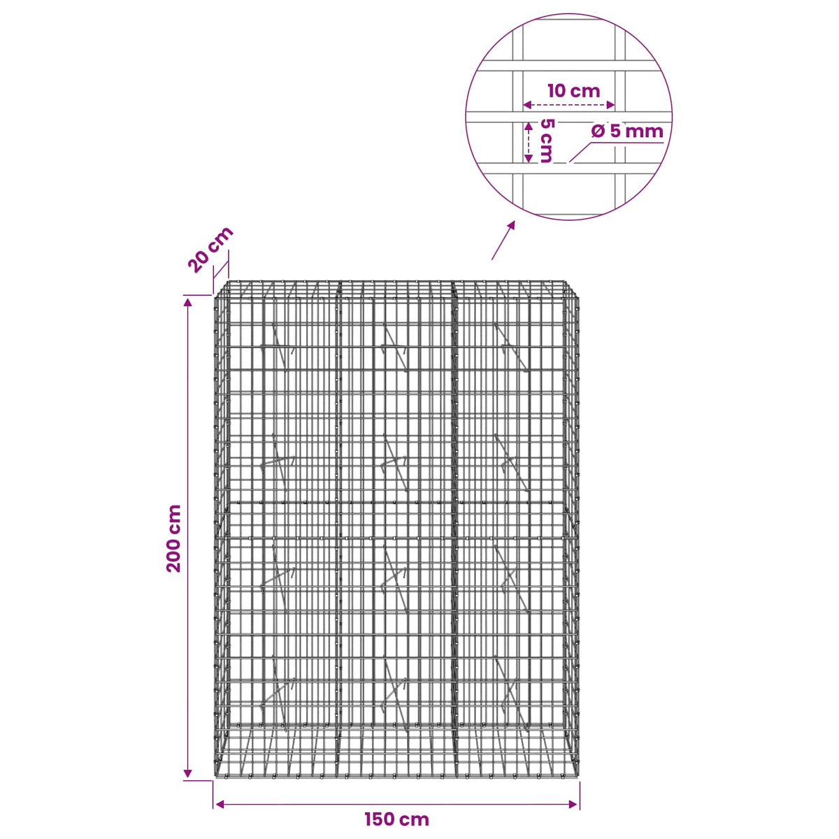 vidaXL Gabion z drutem 5 mm i siatką 5x10 cm 150x20x200 cm