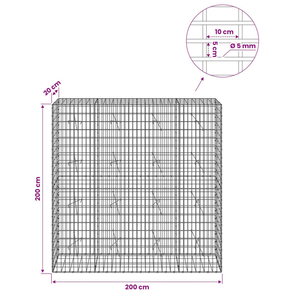 vidaXL Gabion z drutem 5 mm i siatką 5x10 cm 200x20x200 cm