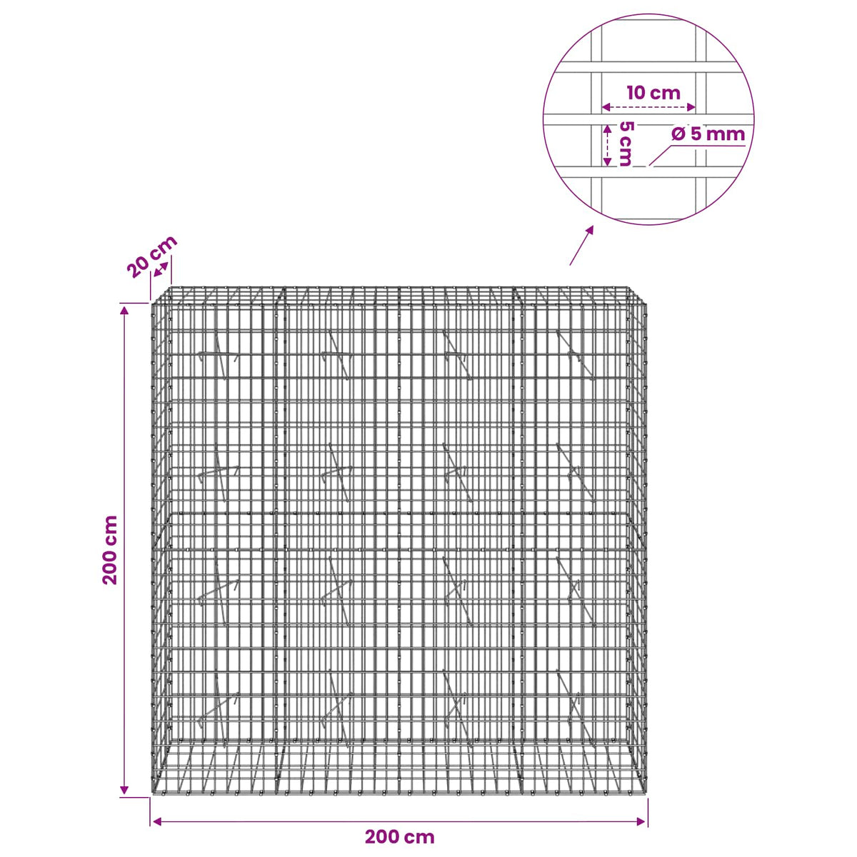 vidaXL Gabion z drutem 5 mm i siatką 5x10 cm 200x20x200 cm