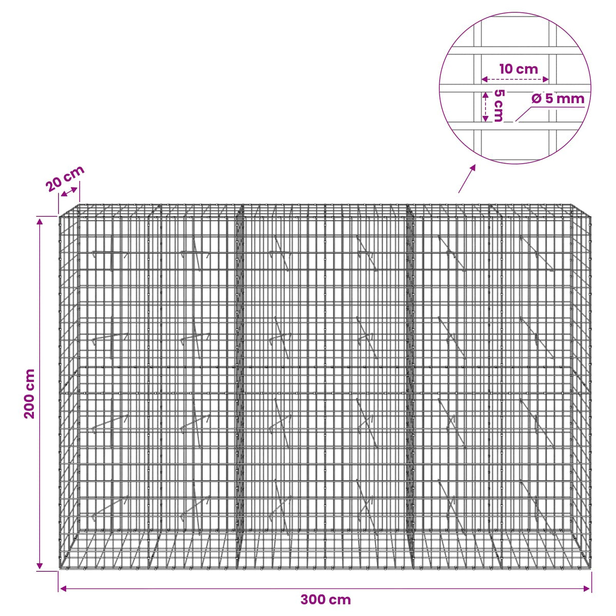 vidaXL Gabion z drutem 5 mm i siatką 5x10 cm 300x20x200 cm