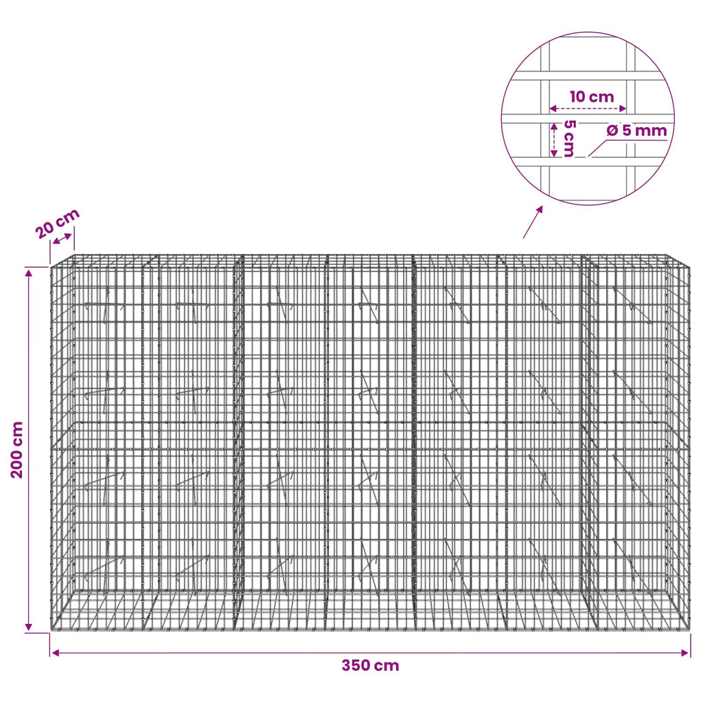 vidaXL Gabion z drutem 5 mm i siatką 5x10 cm 350x20x200 cm