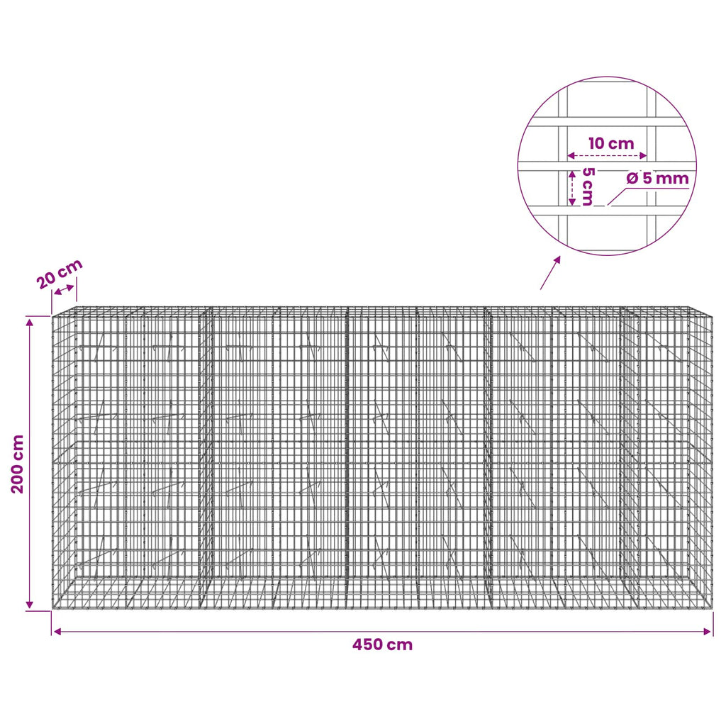 vidaXL Gabion z drutem 5 mm i siatką 5x10 cm 450x20x200 cm