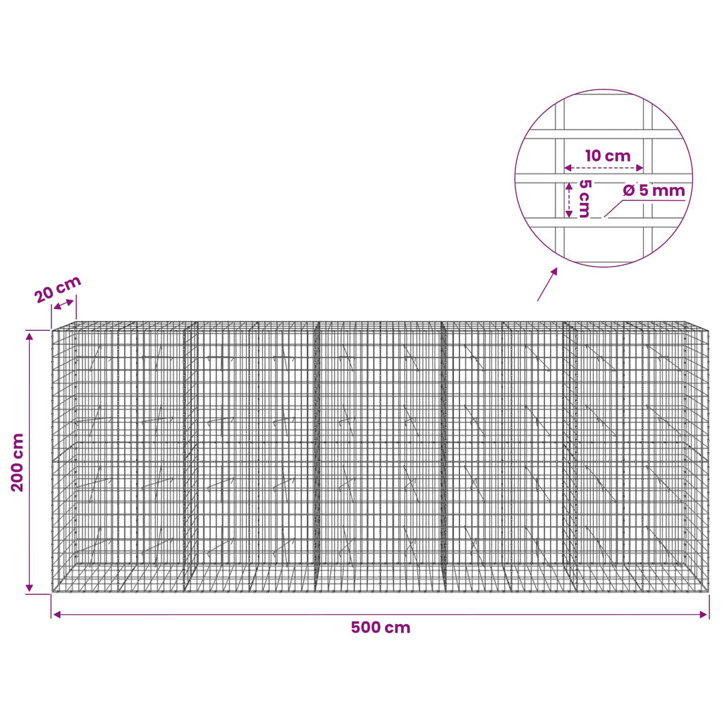 vidaXL Gabion z drutem 5 mm i siatką 5x10 cm 500x20x200 cm