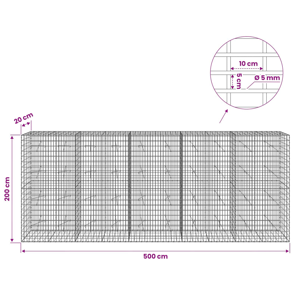 vidaXL Gabion z drutem 5 mm i siatką 5x10 cm 500x20x200 cm