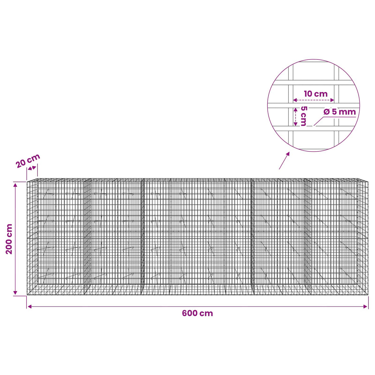 vidaXL Gabion z drutem 5 mm i siatką 5x10 cm 600x20x200 cm
