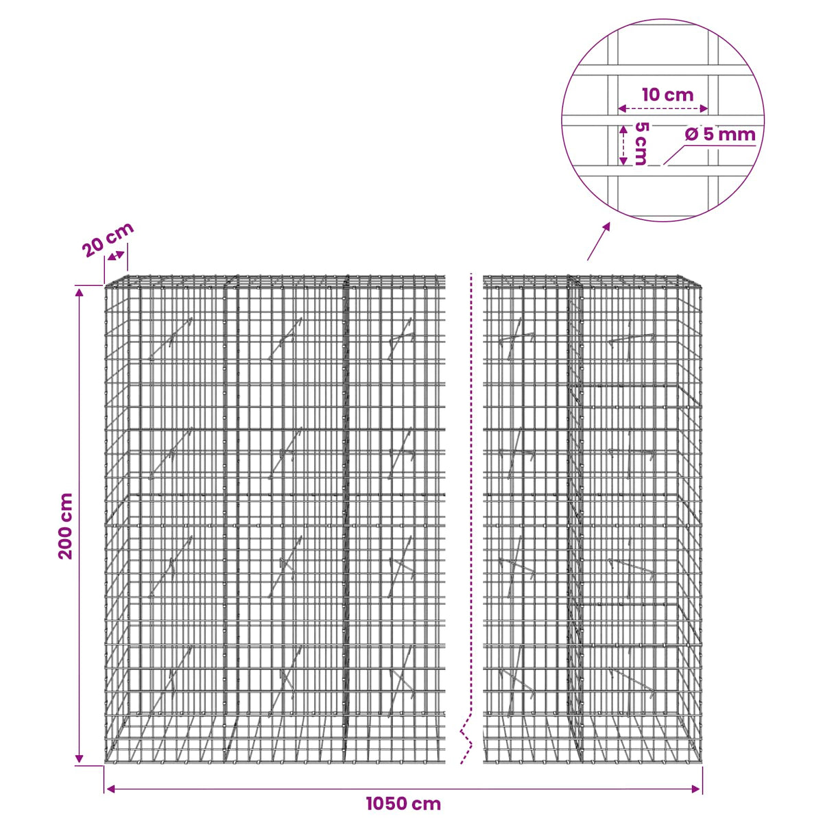 vidaXL Gabion z drutem 5 mm i siatką 5x10 cm 1050x20x200 cm