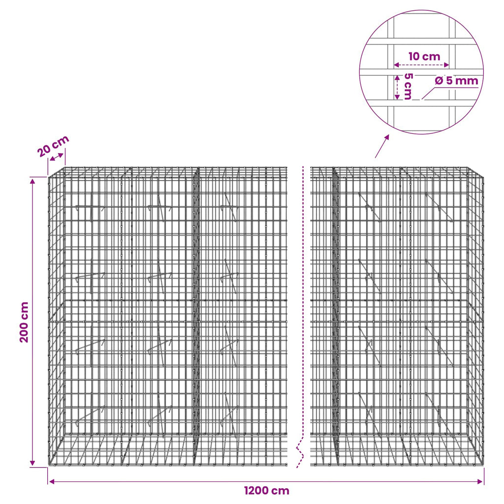 vidaXL Gabion z drutem 5 mm i siatką 5x10 cm 1200x20x200 cm
