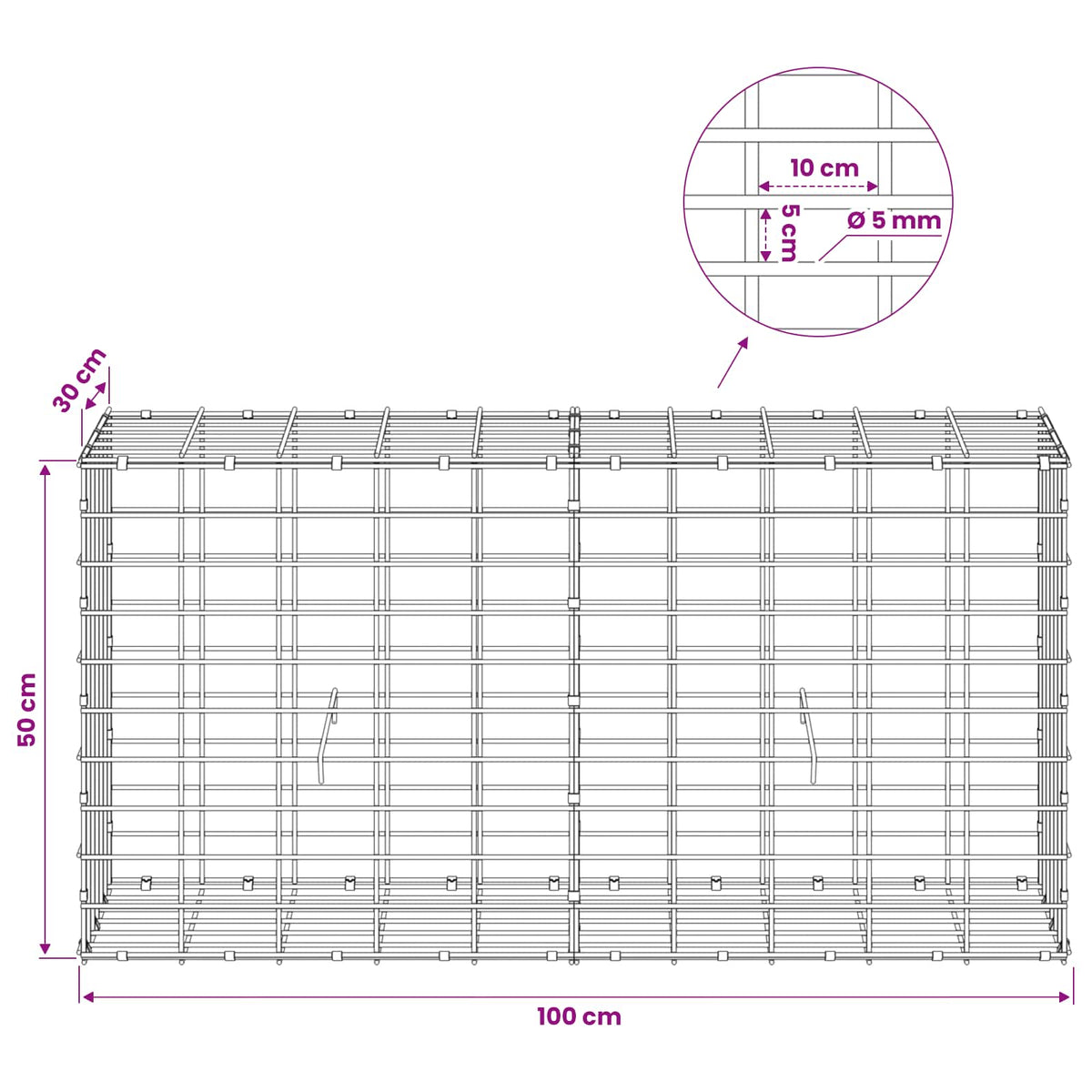 vidaXL Gabion z drutem 5 mm i siatką 5x10 cm 100x30x50 cm