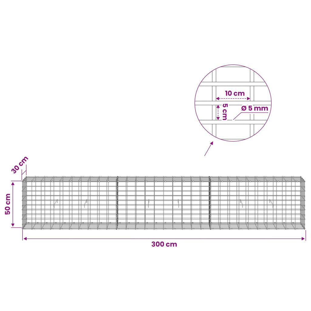 vidaXL Gabion z drutem 5 mm i siatką 5x10 cm 300x30x50 cm