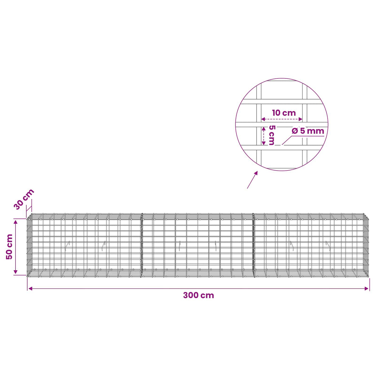 vidaXL Gabion z drutem 5 mm i siatką 5x10 cm 300x30x50 cm