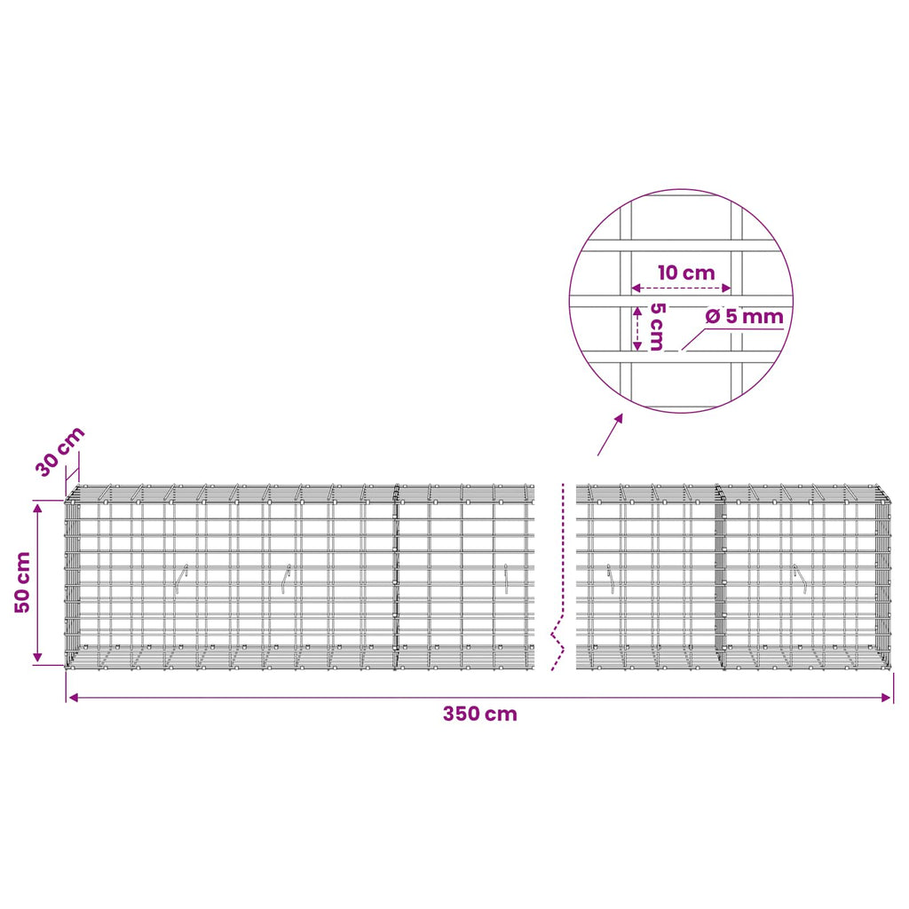 vidaXL Gabion z drutem 5 mm i siatką 5x10 cm 350x30x50 cm