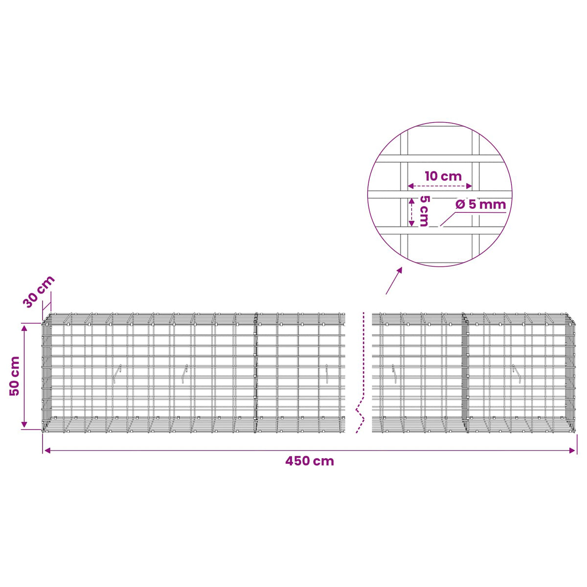 vidaXL Gabion z drutem 5 mm i siatką 5x10 cm 450x30x50 cm