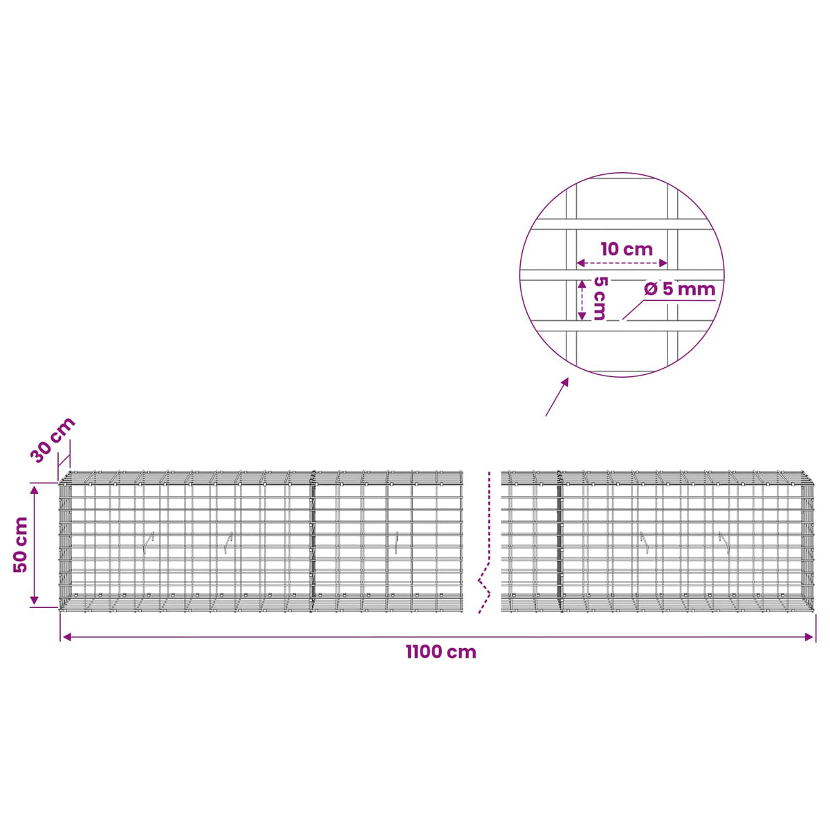 vidaXL Gabion z drutem 5 mm i siatką 5x10 cm 1100x30x50 cm