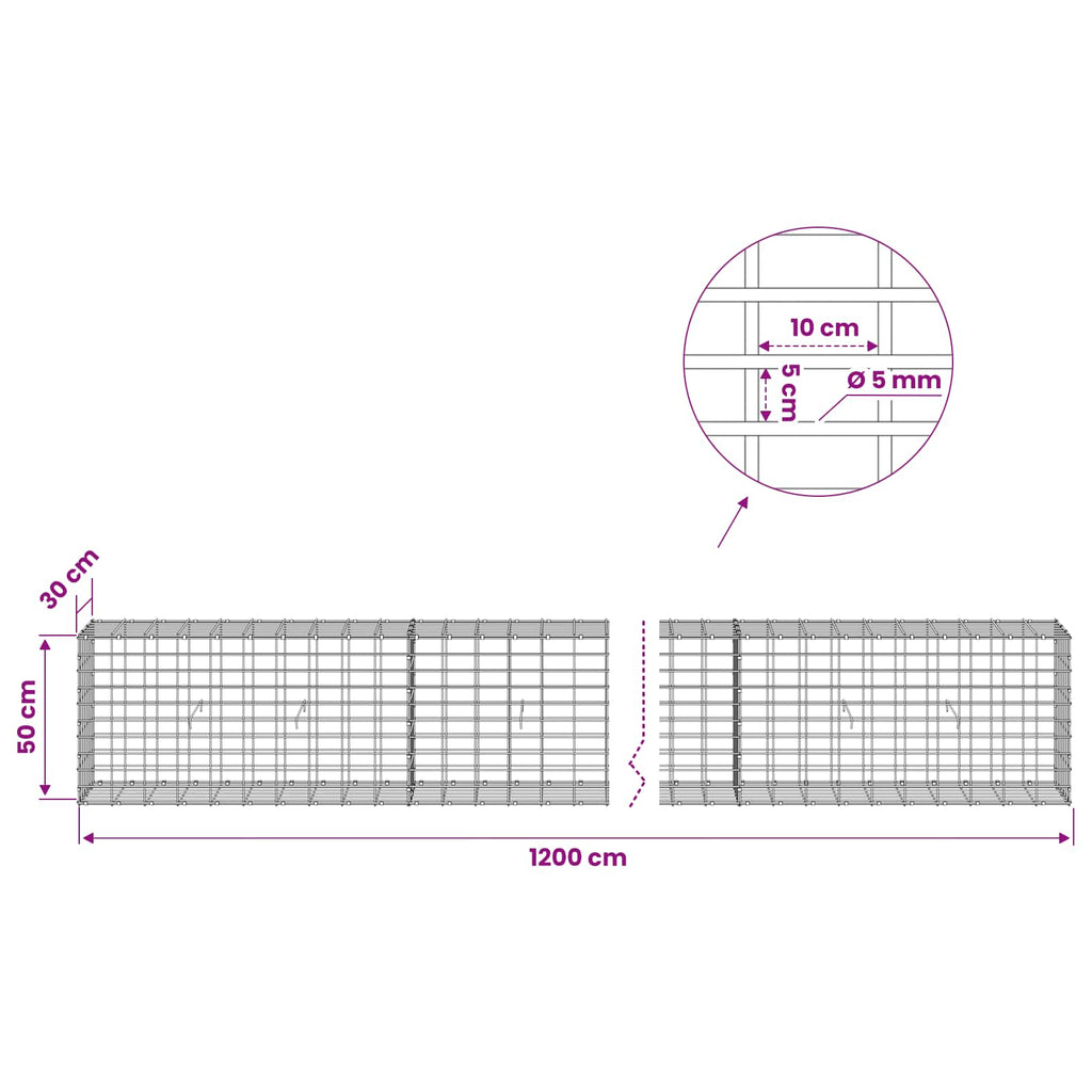 vidaXL Gabion z drutem 5 mm i siatką 5x10 cm 1200x30x50 cm