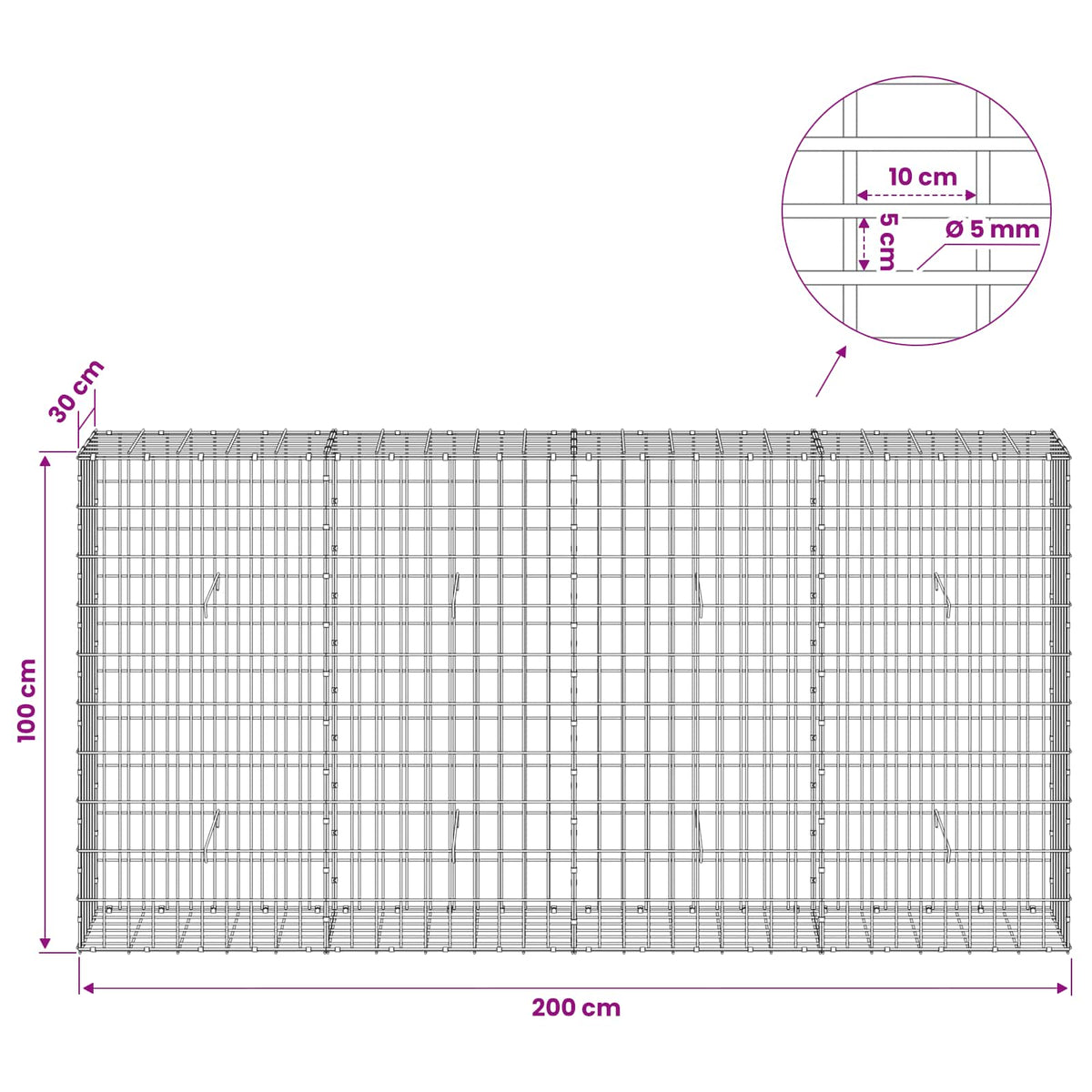 vidaXL Gabion z drutem 5 mm i siatką 5x10 cm 200x30x100 cm