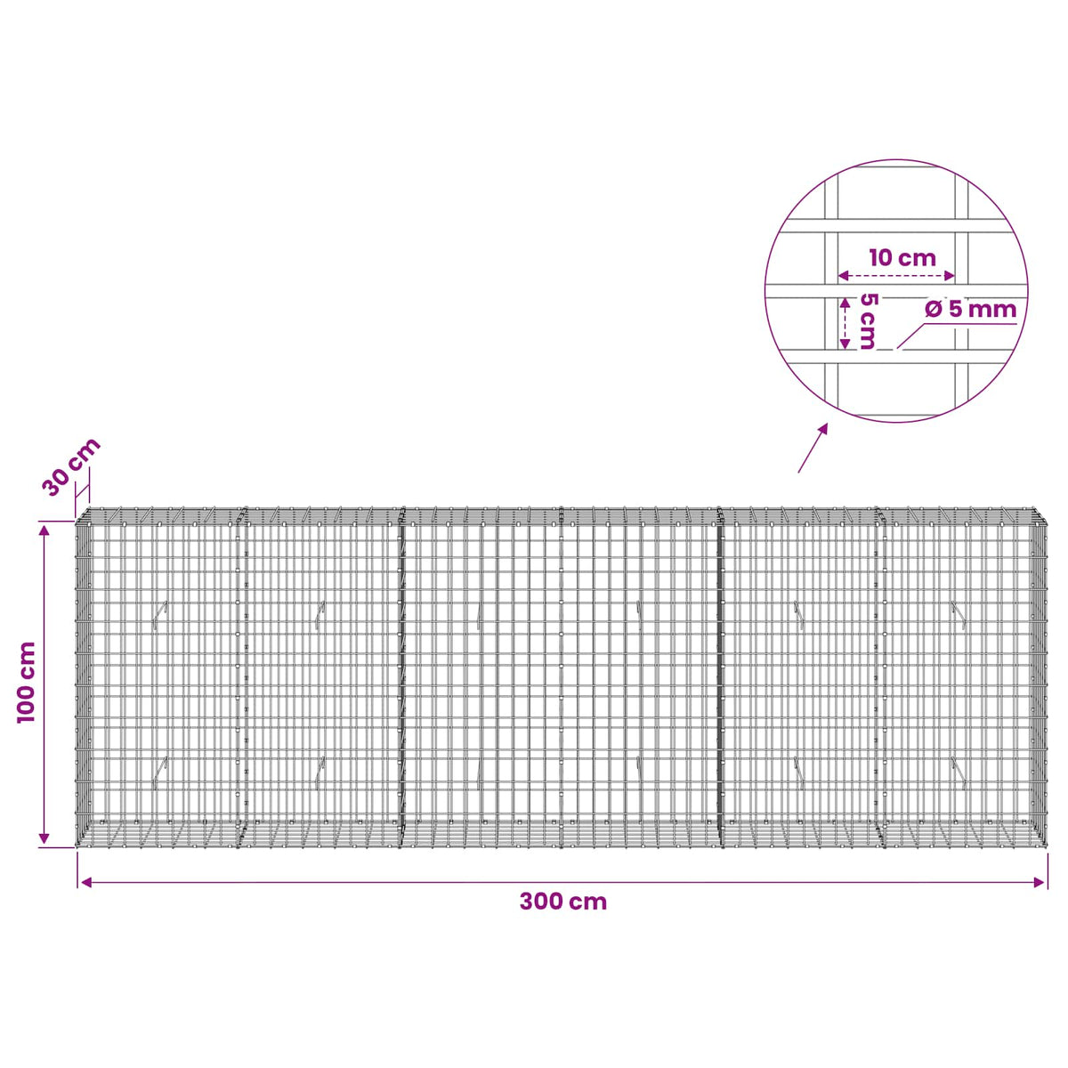 vidaXL Gabion z drutem 5 mm i siatką 5x10 cm 300x30x100 cm