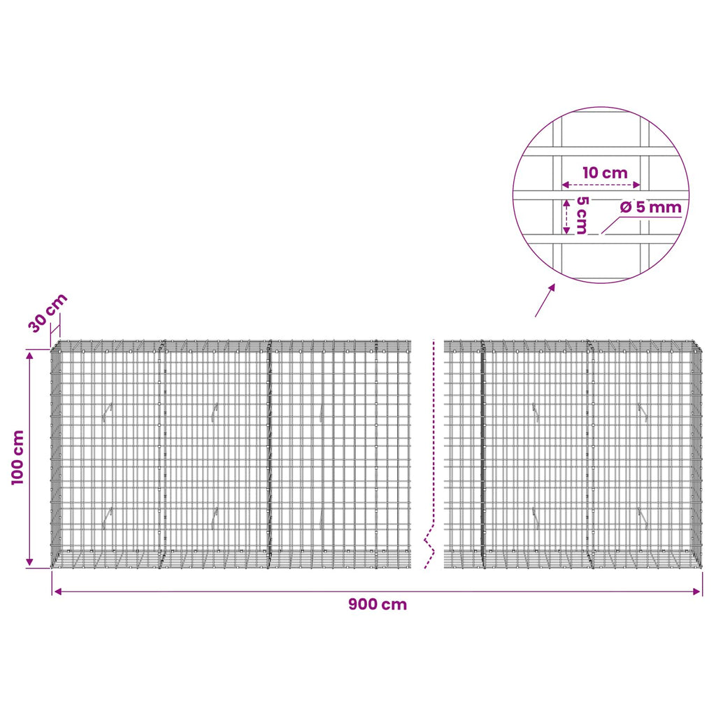 vidaXL Gabion z drutem 5 mm i siatką 5x10 cm 900x30x100 cm