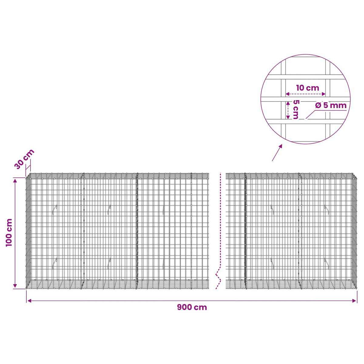vidaXL Gabion z drutem 5 mm i siatką 5x10 cm 900x30x100 cm