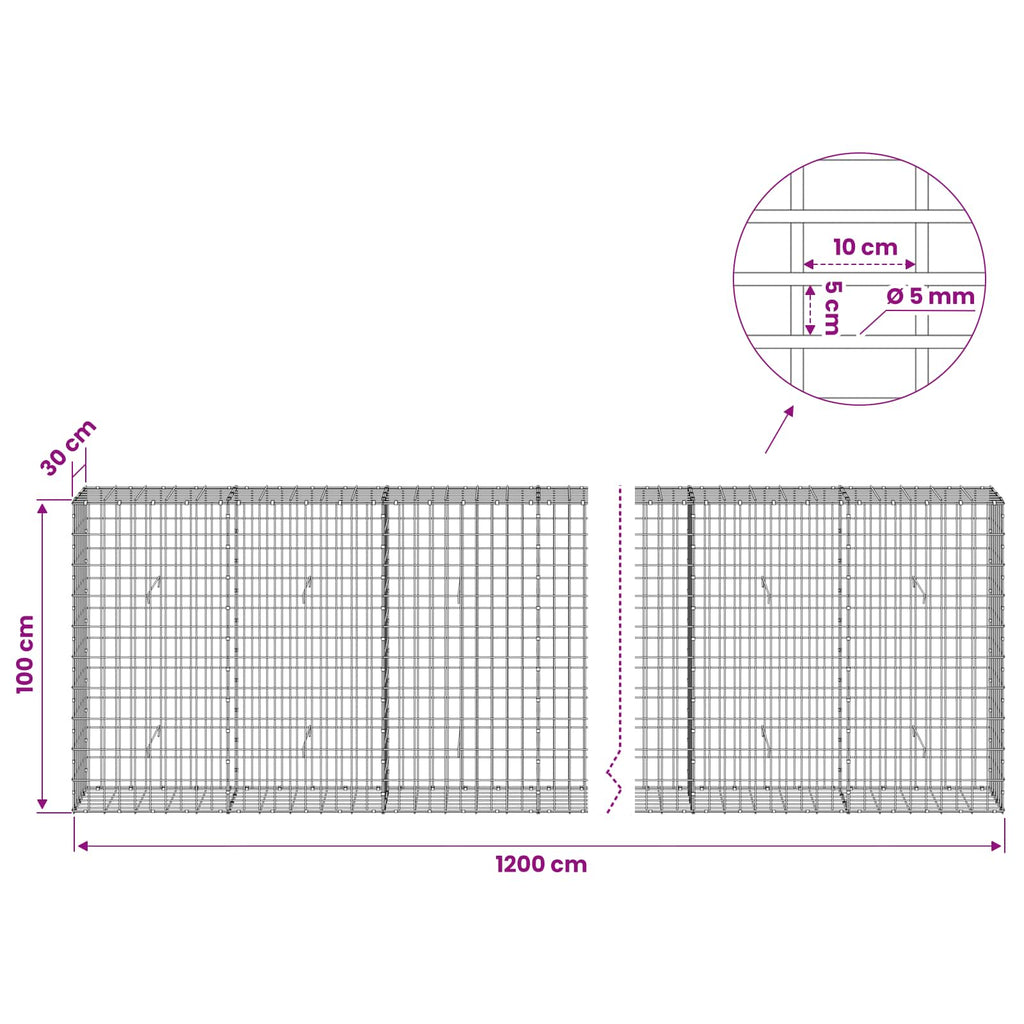 vidaXL Gabion z drutem 5 mm i siatką 5x10 cm 1200x30x100 cm