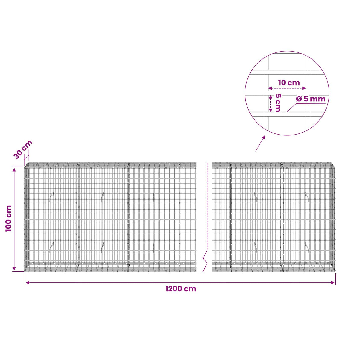 vidaXL Gabion z drutem 5 mm i siatką 5x10 cm 1200x30x100 cm