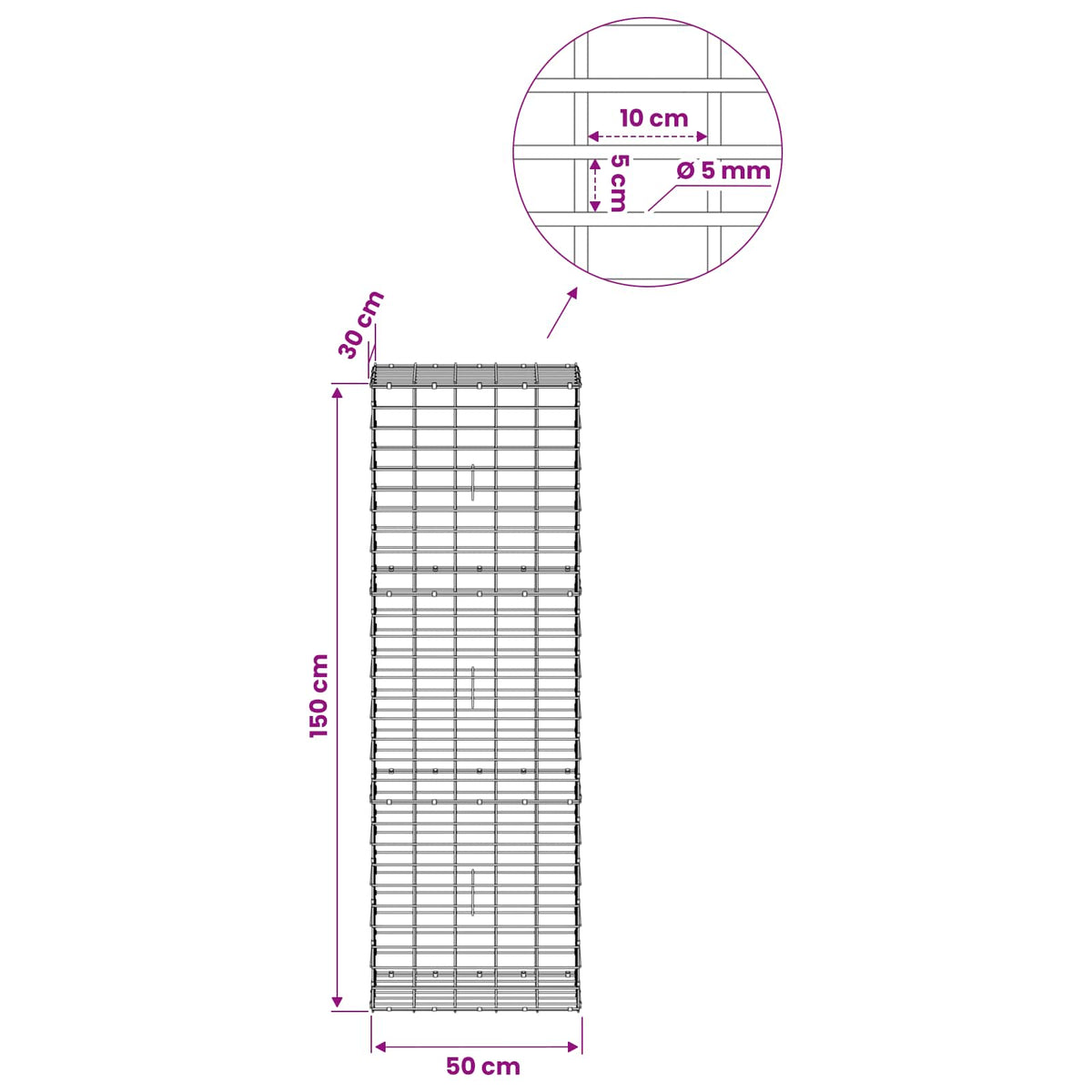 vidaXL Gabion z drutem 5 mm i siatką 5x10 cm 50x30x150 cm
