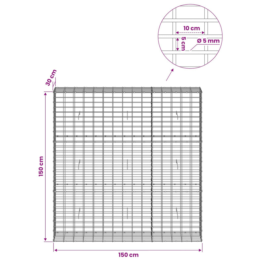 vidaXL Gabion z drutem 5 mm i siatką 5x10 cm 150x30x150 cm