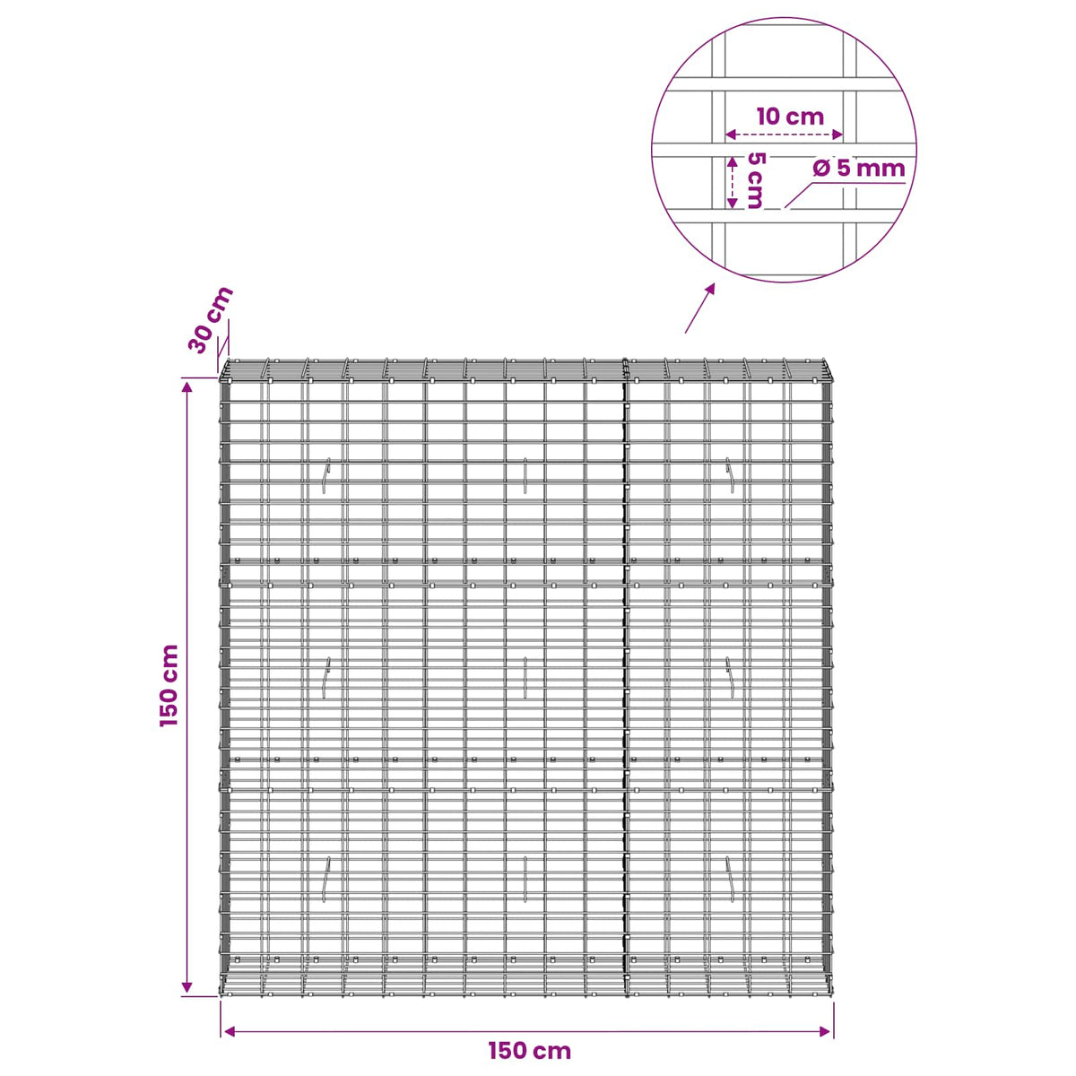 vidaXL Gabion z drutem 5 mm i siatką 5x10 cm 150x30x150 cm