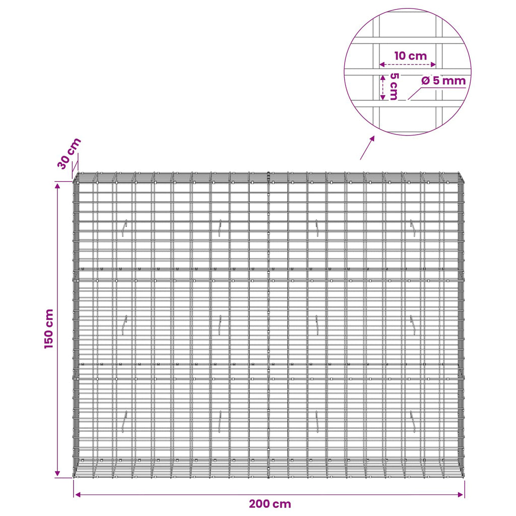 vidaXL Gabion z drutem 5 mm i siatką 5x10 cm 200x30x150 cm