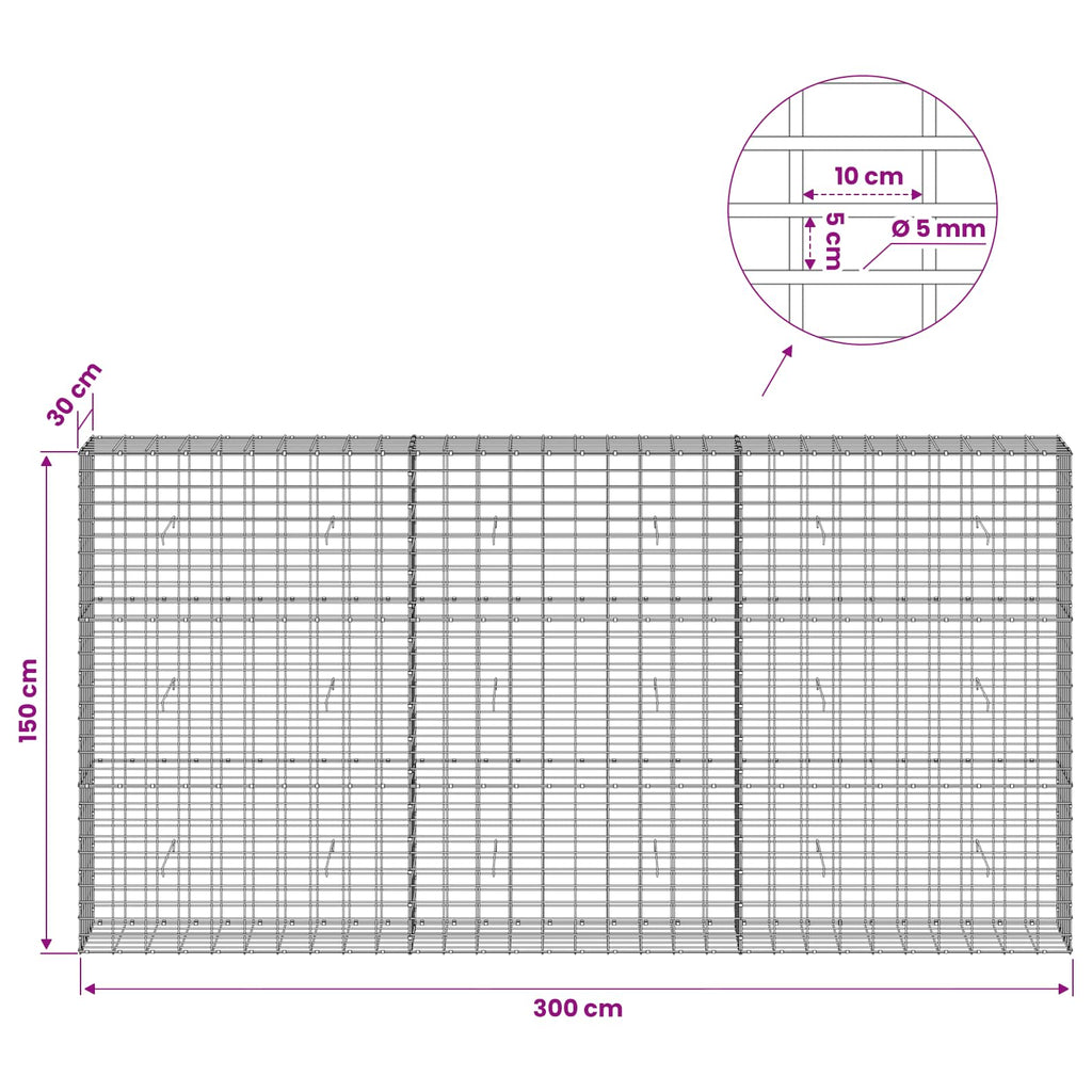 vidaXL Gabion z drutem 5 mm i siatką 5x10 cm 300x30x150 cm