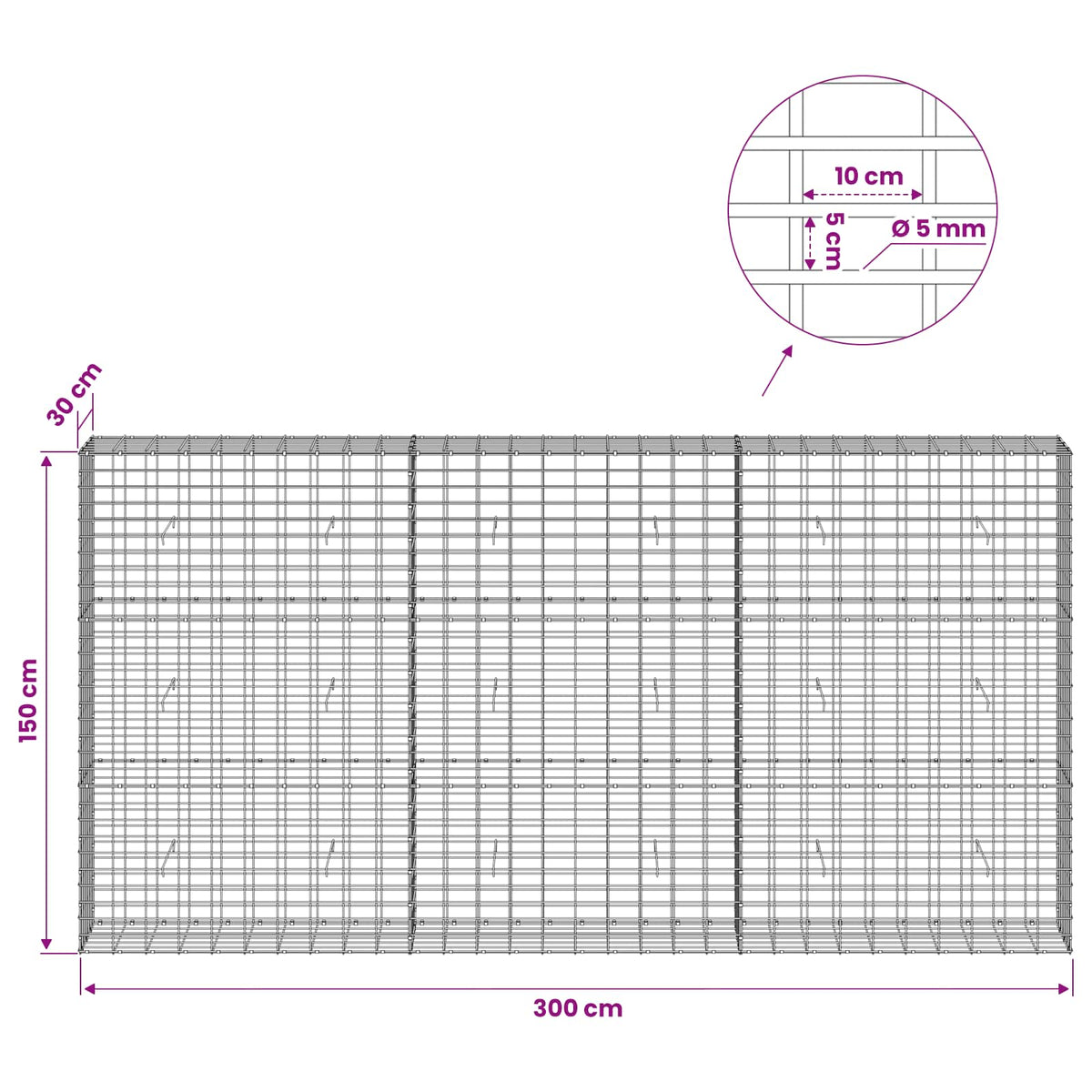 vidaXL Gabion z drutem 5 mm i siatką 5x10 cm 300x30x150 cm