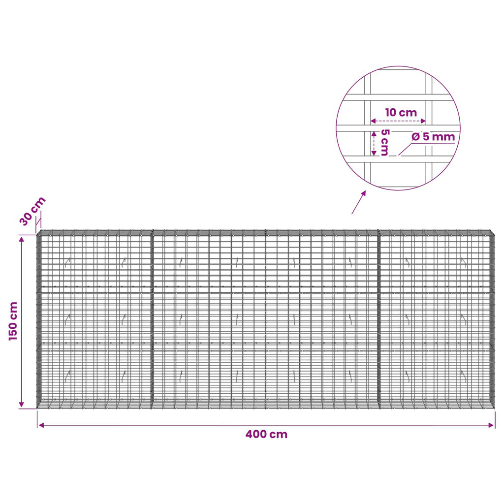 vidaXL Gabion z drutem 5 mm i siatką 5x10 cm 400x30x150 cm