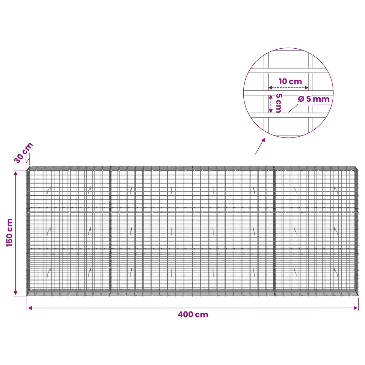 vidaXL Gabion z drutem 5 mm i siatką 5x10 cm 400x30x150 cm