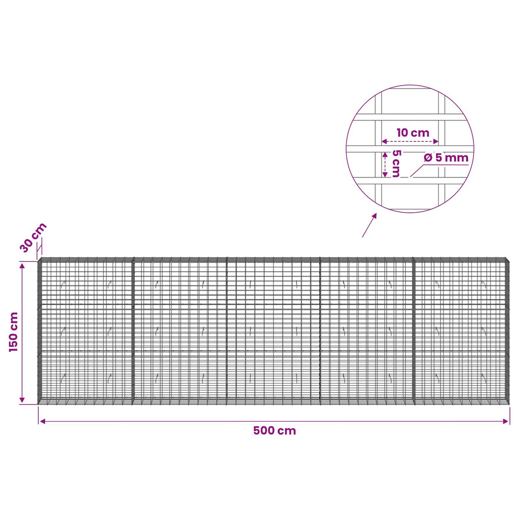 vidaXL Gabion z drutem 5 mm i siatką 5x10 cm 500x30x150 cm