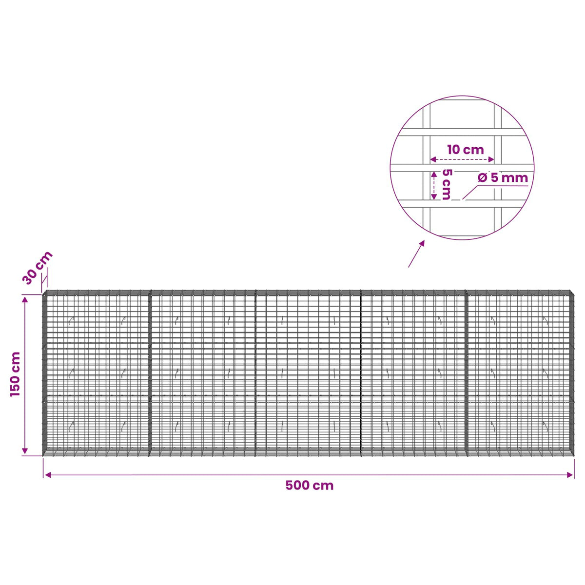 vidaXL Gabion z drutem 5 mm i siatką 5x10 cm 500x30x150 cm