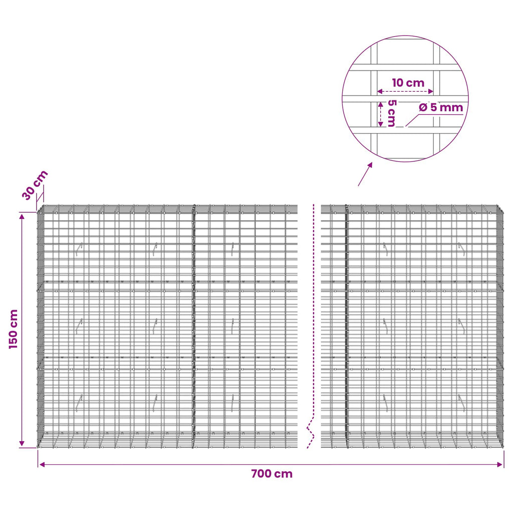 vidaXL Gabion z drutem 5 mm i siatką 5x10 cm 700x30x150 cm