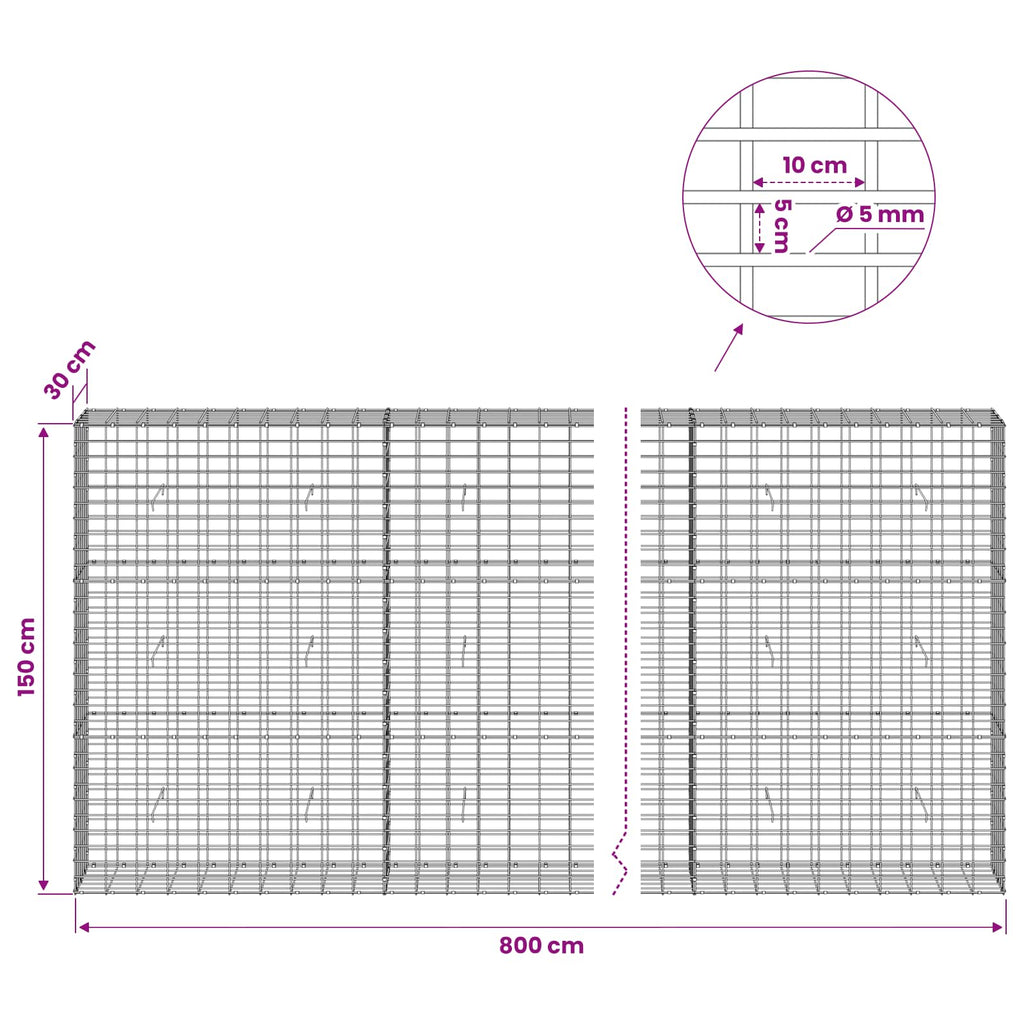 vidaXL Gabion z drutem 5 mm i siatką 5x10 cm 800x30x150 cm