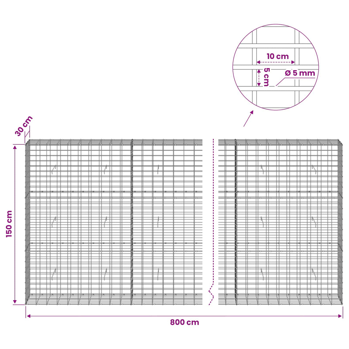 vidaXL Gabion z drutem 5 mm i siatką 5x10 cm 800x30x150 cm